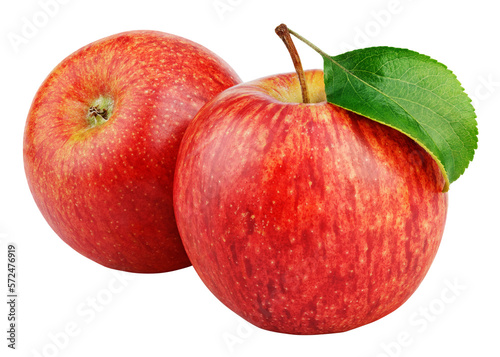 Two ripe red apple fruits with green leaf isolated on transparent background.
