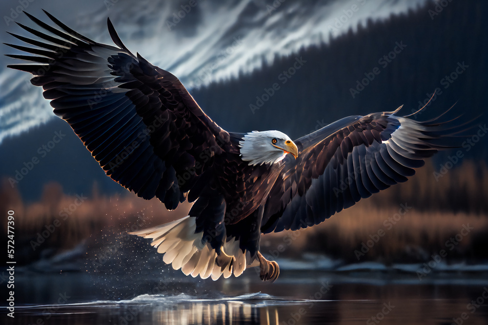 Fototapeta premium Bald Eagle Mid-Air Flight Moment. Generative AI.
