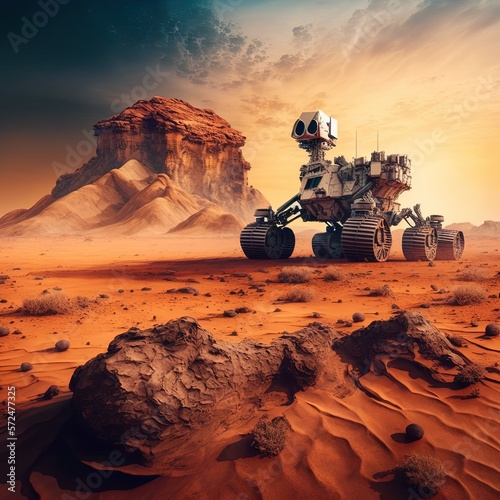 Martian rover on planet mars. Exploration of planets concept. Generative AI © Snowboy