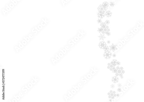 Snowflakes falling on white background. Horizontal Christmas and Happy New Year theme. Silver falling snowflakes for banner, gift card, party invitation, partner compliment and special business offers