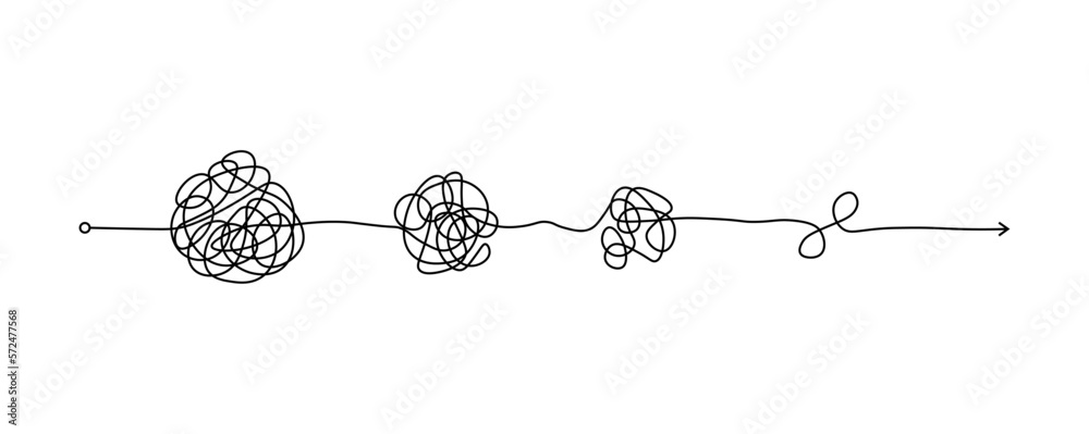 Messy hand-drawn lines, chaos to simplicity, and confusion to clear concept. Doodle line knot. Vector illustration. - obrazy, fototapety, plakaty 