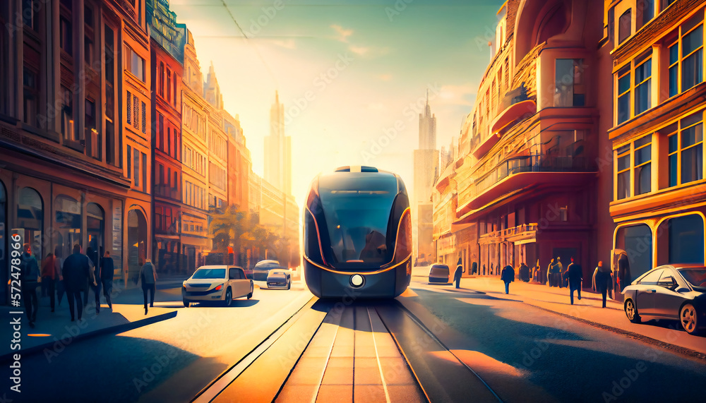 Driverless car navigating through a city street, illustrating the future of urban transport.  Generative AI.