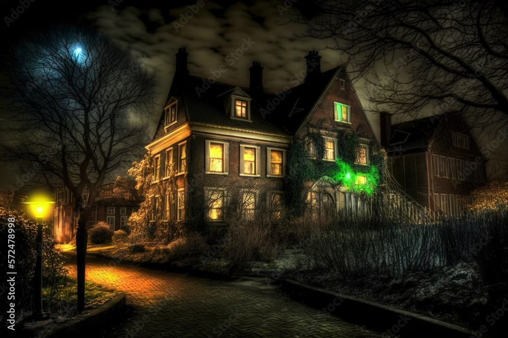 Fototapeta premium Old house at night. Horror atmosphere. Generative AI