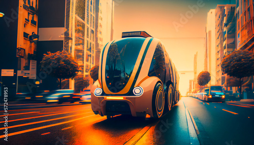 Driverless car navigating through a city street, illustrating the future of urban transport. Generative AI.