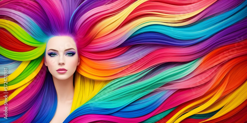 Pretty girl with colorful hair. Young woman with bright makeup and rainbow dyed hairstyle. Female face on background of colored fluttering curls. Professional haircut and coloring. Generative AI
