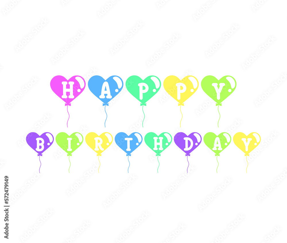 Illustration of heart-shaped balloons with letters that make up the phrase: Happy Birthday