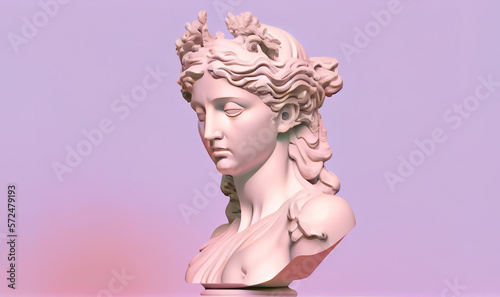 Female antique statue's head isolated on purple color background. Generative AI.