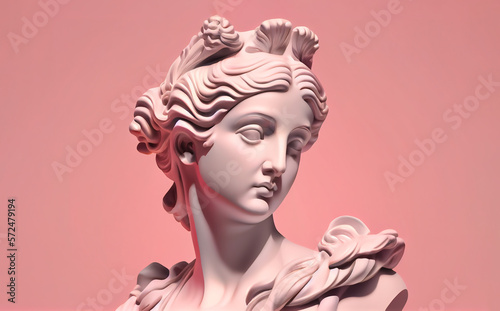 Female antique statue's head isolated on pink color background. Generative AI.