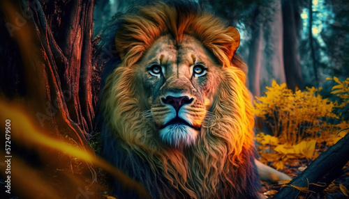 A hyper realistic lion in the forest  synthwave with sunset. Generative ai. 