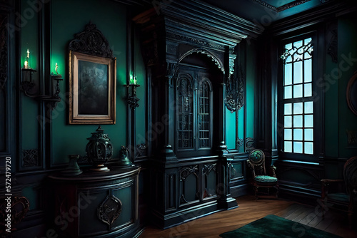 Gothic Scary Exclusive Interior.  Dreadful Appalling Unique Room with Ornamental Woodwork in Green and Black. Generative AI