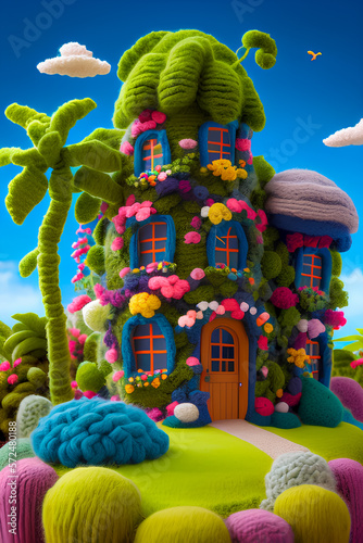 generative AI. cute colorful miniature fantasy house design with tropical flowers and plants made of wool. Kids cartoon animation movie style