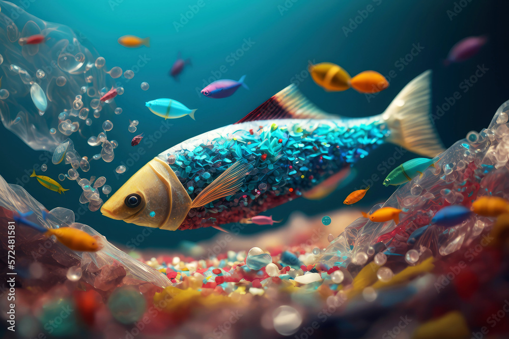 microplastic pieces floating in the sea, being eaten by a plastic fish ...