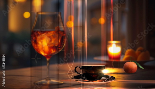  night city ,evening street cafe glass of orange wine , cup of coffee,and candles on wooden table view from window generated ai