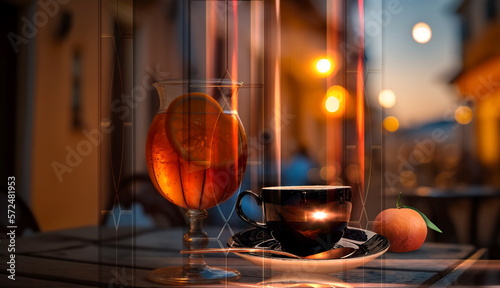  night city ,evening street cafe glass of orange wine , cup of coffee,and candles on wooden table view from window generated ai