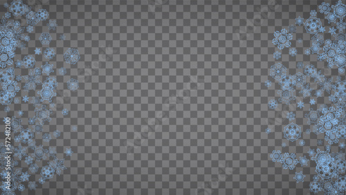 Snowflakes frame on transparent background. Christmas and Happy New Year. Isolated horizontal snowflakes frame for banners, gift cards, party invitation, partner compliment and special business offer