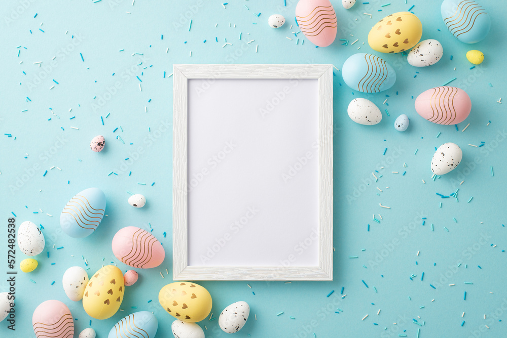 Easter decor concept. Top view photo of white photo frame yellow blue pink  easter eggs and sprinkles on isolated pastel blue background with empty  space Stock Photo | Adobe Stock