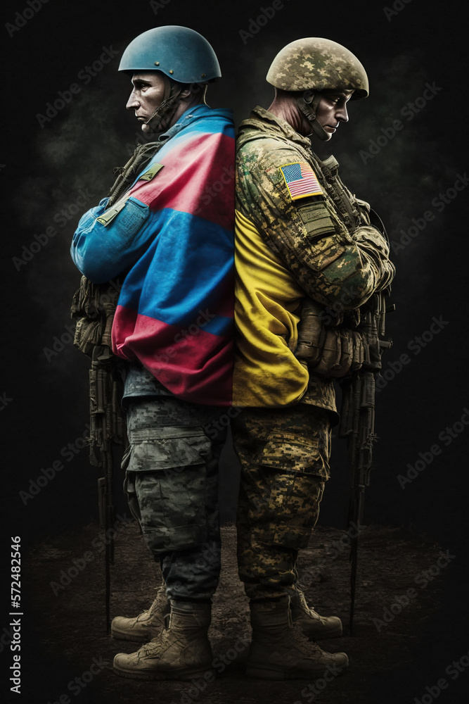 Russian and Ukraine soldiers standing back to back. Russian and Ukraine soldiers standing back to back.