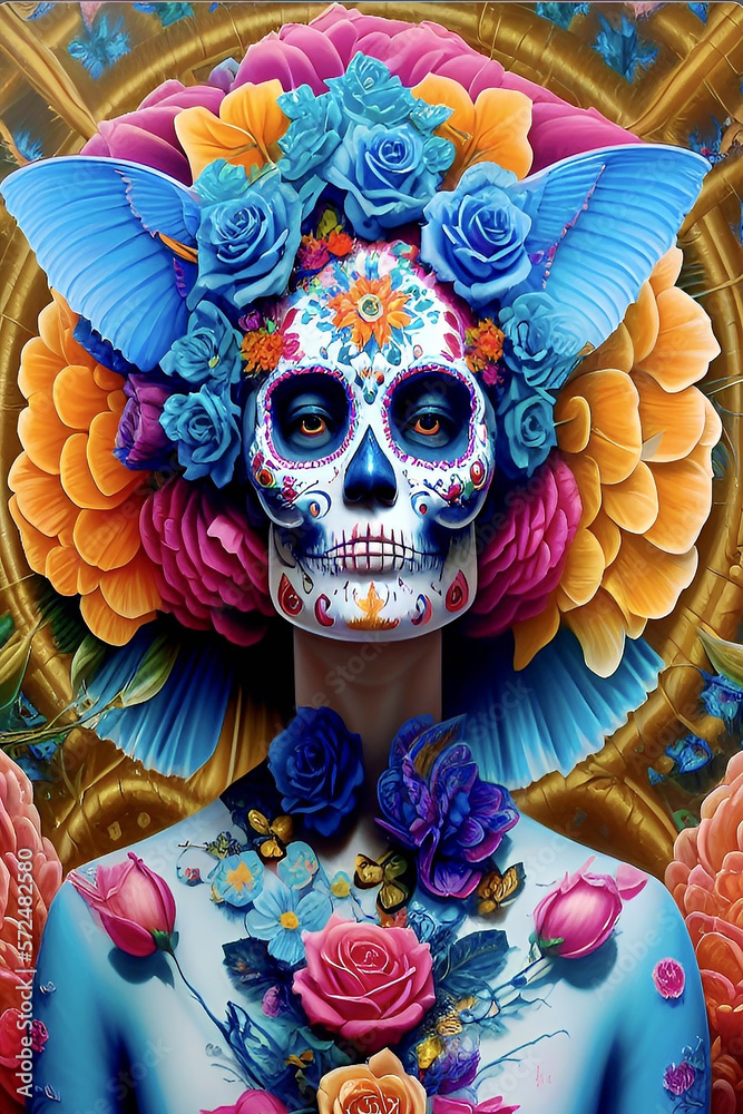 Person in the Day of the Dead sugar skull mask decorated with flowers. Illustration created with Generative AI technology