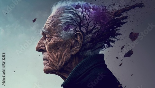 Portrait of an elderly man with Alzheimer's disease fighting against oblivion. Created with AI generative technology.