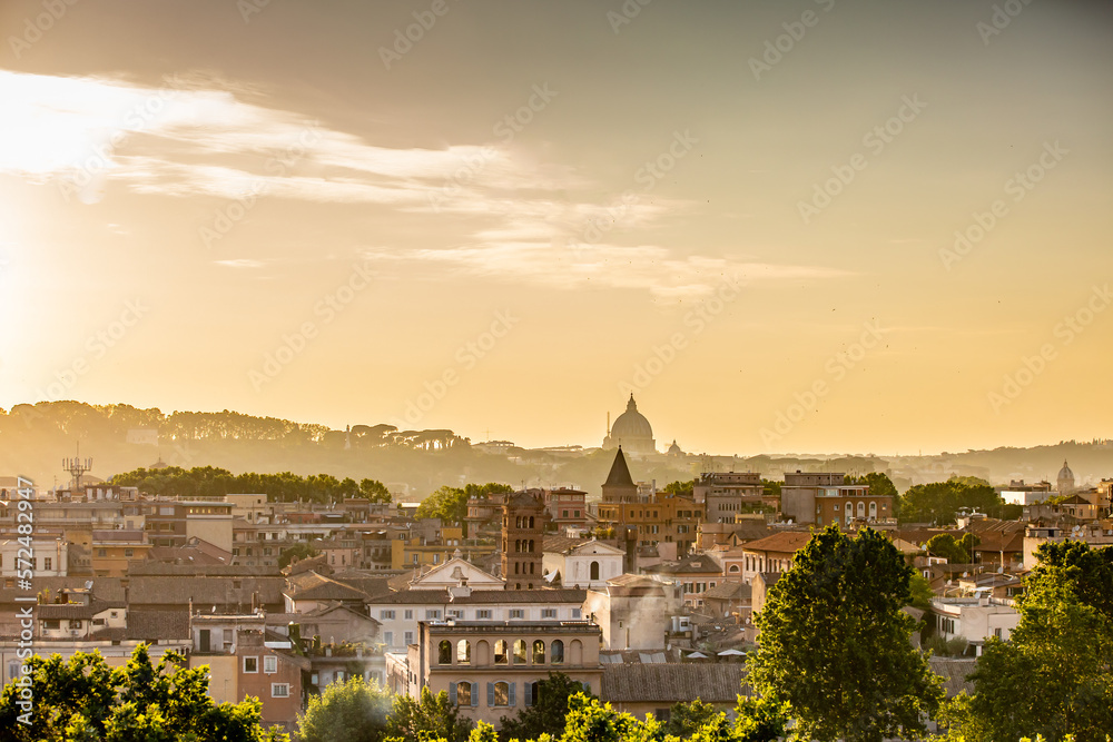 Rome Italy. Beautiful view in Rome at sunset.Panoramic view of the city . Architecture and landmarks. Old famous streets, attractions and world heritage.