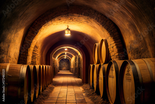 Wine cellar interior with large wooden barrels. Generative AI.