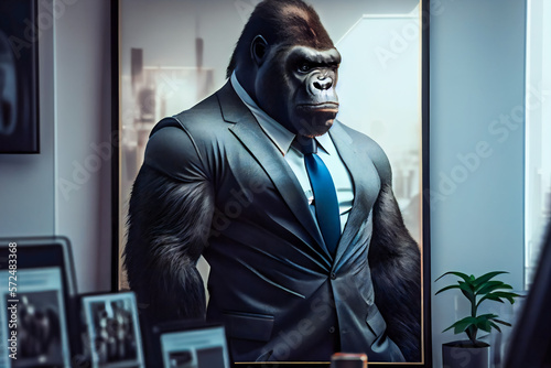Smart Gorilla at the Office. Worker Gorilla in Suit. Generative AI