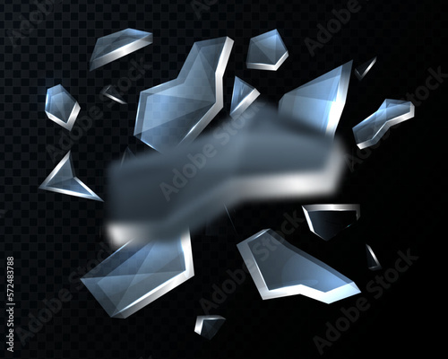 Scattered glass shatters. Realistic explosion flying sharp particles. 3D crack shattering car windshield shatters realistic