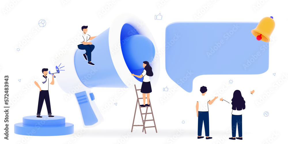 Professional speaker with megaphone Tiny people creative trainees or company members listening to the performance to skilled coach or senior colleague 3D rendering illustration design style