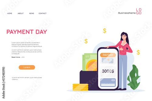 Woman getting money for payday illustration concept on landing page design. Workers with earnings. Vector set of persons pay debts