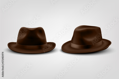 Vector 3d Realistic Brown Vintage Classic Gentleman Black Hat, Cap Icon Set Closeup Isolated on White Background. Front and side, Half Turn View. Men s Unisex Hat Design Template. Vector Illustration