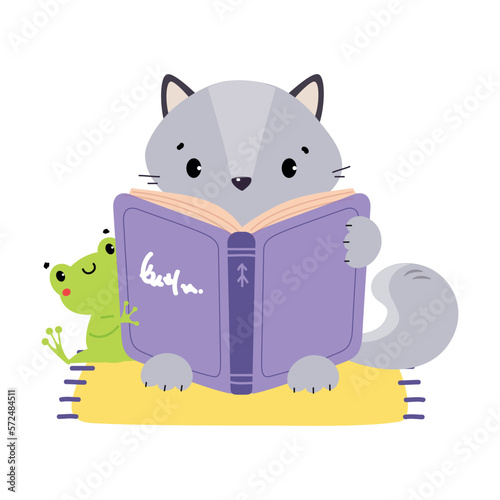 Cute baby raccoon reading book. Funny smart wild animal character sitting with book cartoon vector illustration