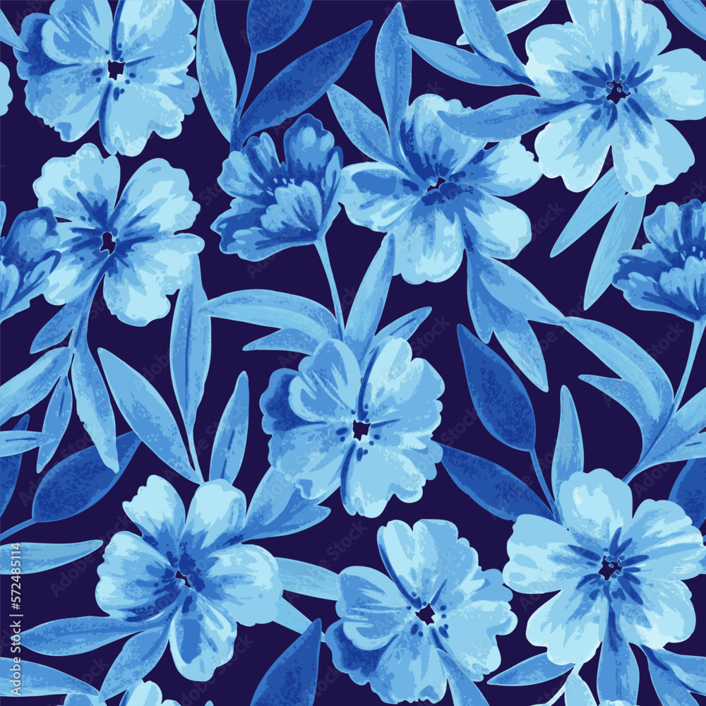 Seamless pattern with blue flowers and leaves in watercolor style for wedding invitations, greeting cards and fabric