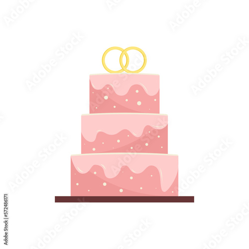 Wedding cake with engagement rings. Colorful flat vector illustration.