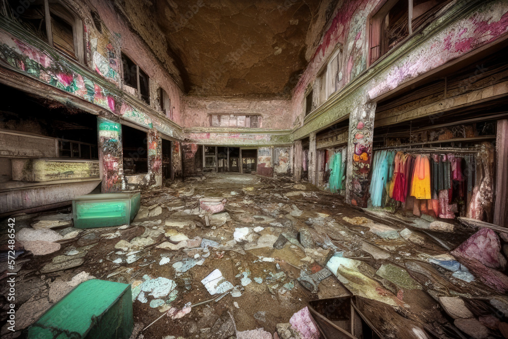 Apocalyptical Abandoned Ruin of a Shopping Store Generative AI Illustration