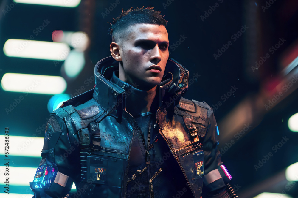 Futuristic Cyberpunk Man in High Tech Clothing and Gear in Out of Focus Background Generative AI Illustration Futuristic Cyberpunk Man in High Tech Clothing and Gear in Out of Focus Background Generative AI Illustration
