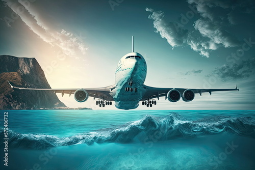 Airplane flying over the sea, nice ocean background,Made by AI,Artificial intelligence