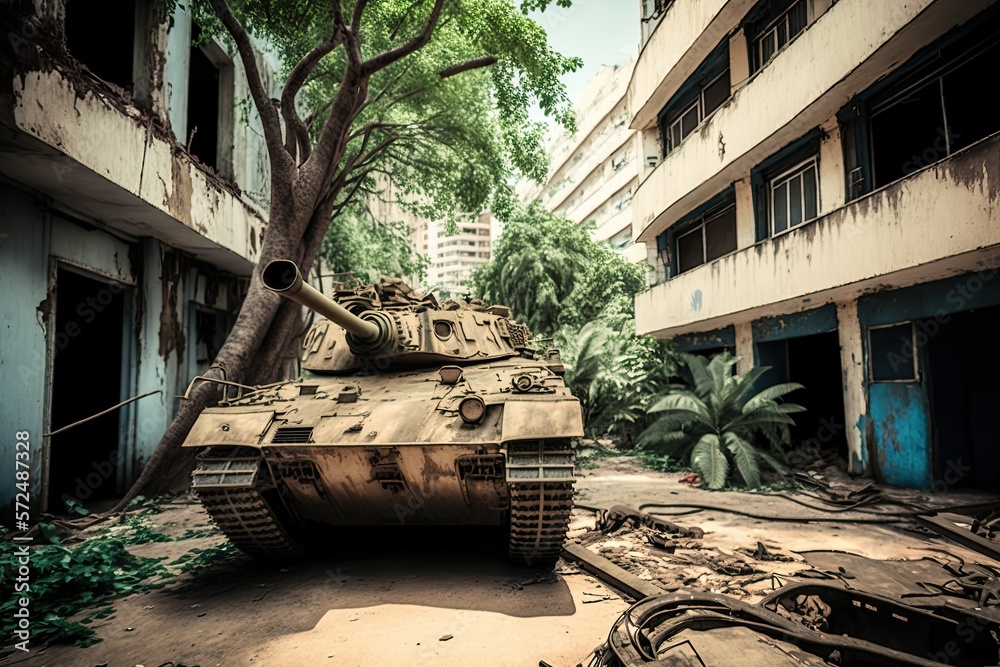 tank in tropical urban street - generative