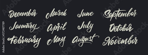 Name of the months of the year, brush lettering. Vector clipart