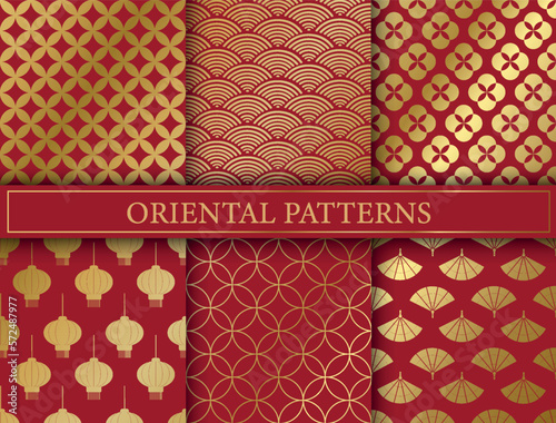 Oriental style patterns set. Collection of repeating design elements for printing on wrapping paper. Golden Asian patterns on red background. Luxury and wealth. Cartoon flat vector illustration