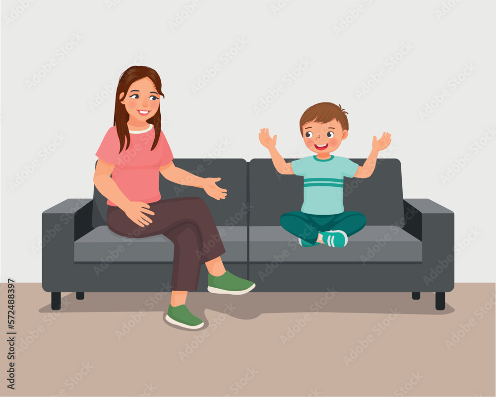 Young mother talking to her son sitting on sofa giving advises  encouragement and support Stock Vector | Adobe Stock