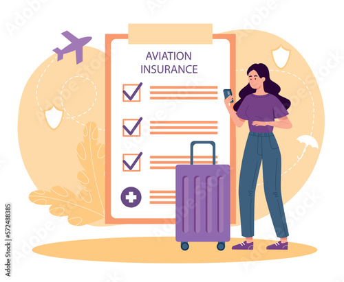 Aviation insurance concept. Woman with smartphone draws up contract and documents, health care. Young girl with suitcase planning vacation. Travel and adventure. Cartoon flat vector illustration
