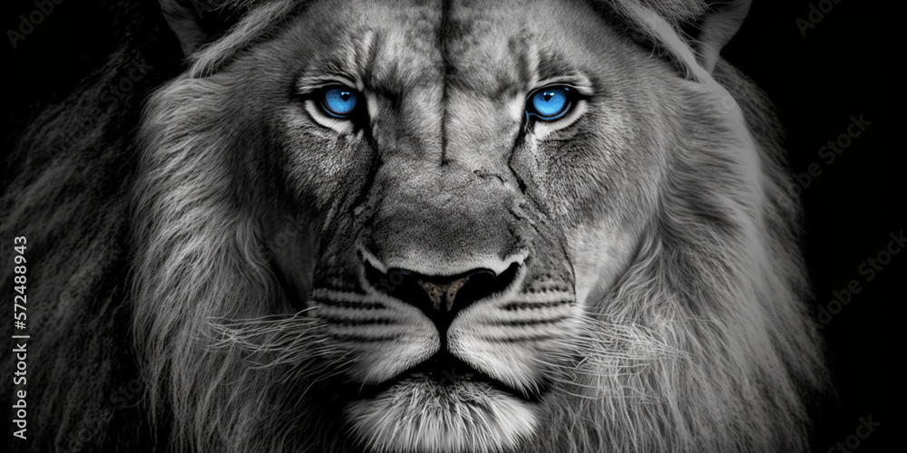 lion with blue eyes in black and white image - obrazy, fototapety, plakaty 
