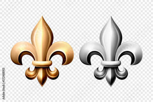 Vector 3d Realistic Golden and Silver Fleur De Lis Set. Heraldic Lily Collection, Front View. Vector Illustration