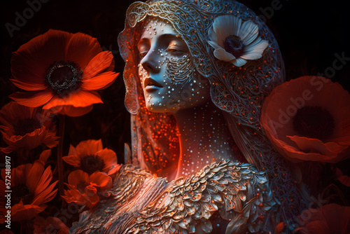 A fantasy portrait of ancient Roman goddess Venus with red poppies. Neural network AI generated art photo