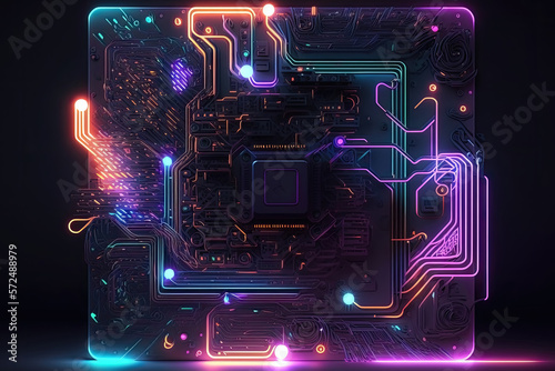 neon-themed motherboard is an illuminated computer circuit board designed with a neon color scheme, featuring bright hues of pink, blue, green, and purple. Generative AI