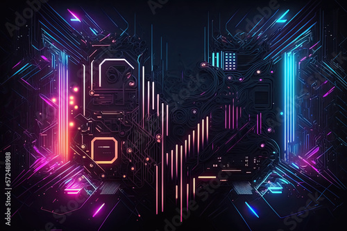 neon-themed motherboard is an illuminated computer circuit board designed with a neon color scheme, featuring bright hues of pink, blue, green, and purple. Generative AI photo
