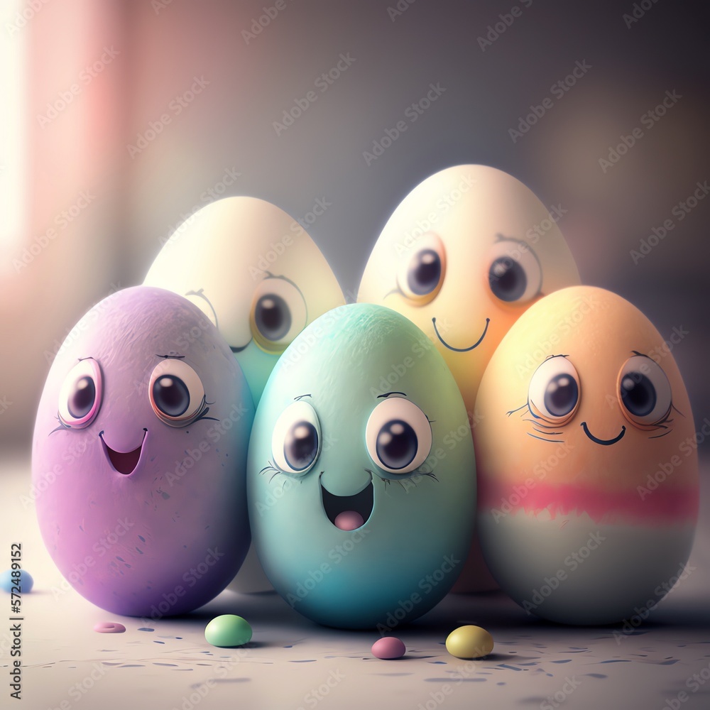 pastel colored easter eggs with a drawn face, toothless, closed mouth, big eyes, generative ai