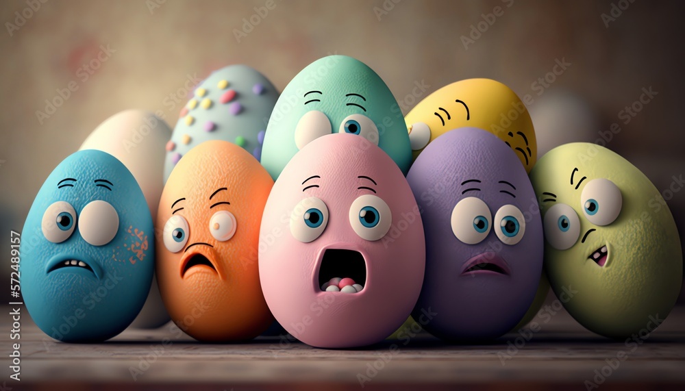 pastel colored easter eggs with a drawn face, toothless, closed mouth, big eyes, generative ai pastel colored easter eggs with a drawn face, toothless, closed mouth, big eyes, generative ai