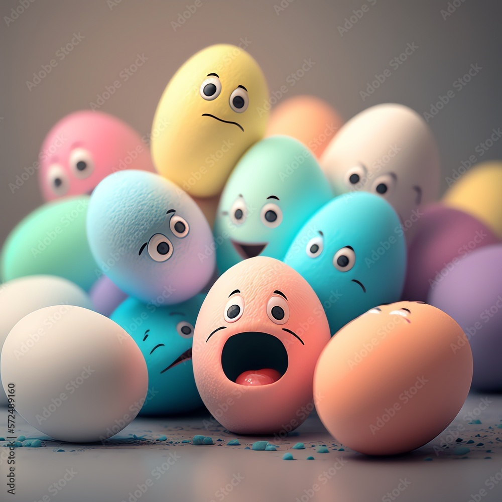 pastel colored easter eggs with a drawn face, toothless, closed mouth, big eyes, generative ai pastel colored easter eggs with a drawn face, toothless, closed mouth, big eyes, generative ai