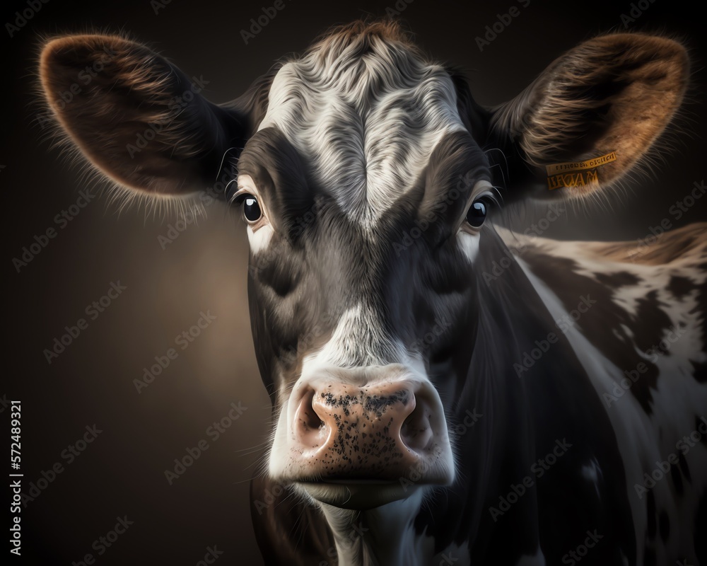 A cow staring in to the camera, portrait, generative ai A cow staring in to the camera, portrait, generative ai